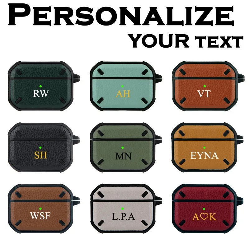 

Customized Name letter for AirPod Pro case Luxury PU Leather Cases with Keychain Personalize initials Logos Pictures Soft Covers