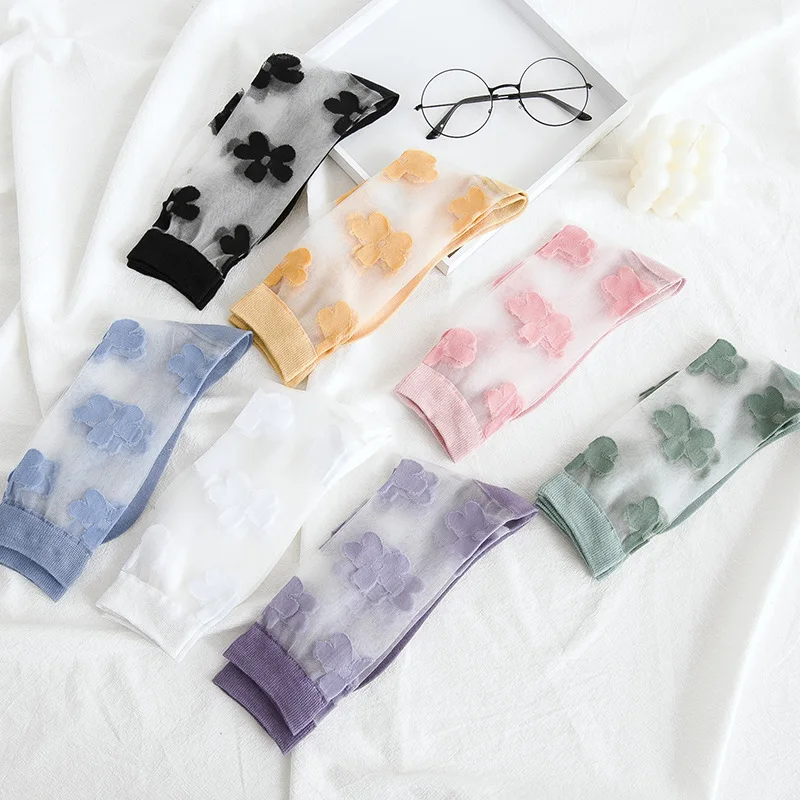 

Women Short Socks Summer Harajuku Floral Lolita Style Thin Transparent Crystal Silk Socks Kawaii Cute Glass Silk Socks