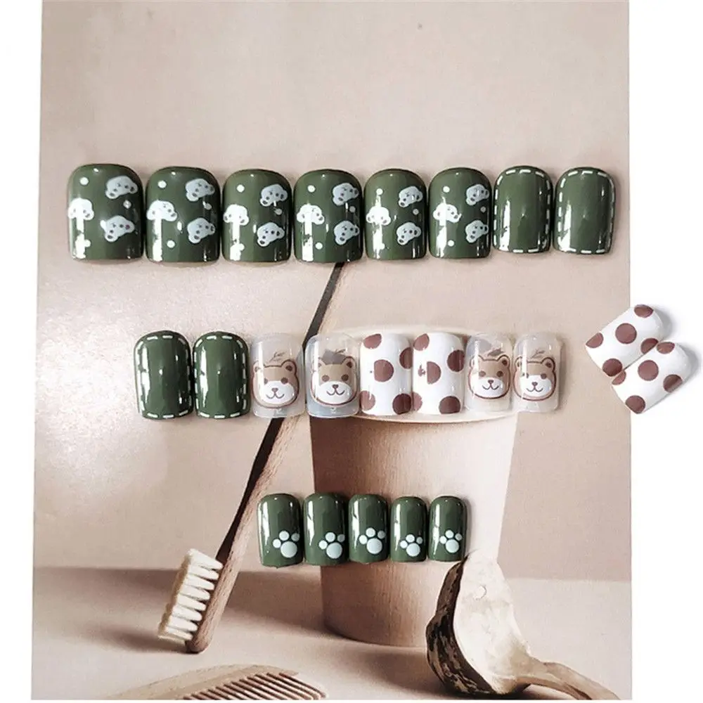 24pcs Artificial False Nails Full Cover Bear Design Wear Short Paragraph Fashion Manicure Patch Press On Fake Art Tips | Красота и