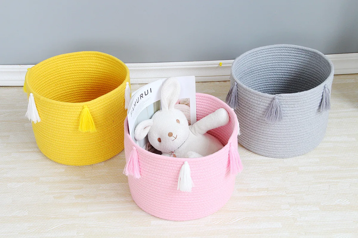 

Cotton Thread Storage Bucket Cartoon Storage Box Debris Large Woven New Tassel Cotton Rope Storage Bucket LaundryBasketFoldable