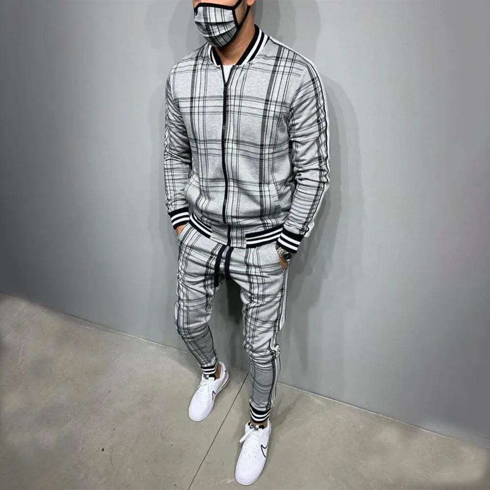 

Autumn Men Tracksuit Sets Striped Plaid Jacket 2021 Fashion Casual Zipper Suits Undefined Trousers For Men Clothing New