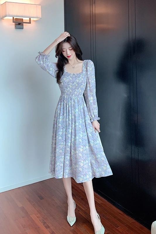 

COIGARSAM 3XL Plus Size French Style Floral Print Women Long dress New Spring Summer Full Sleeve Dresses Purple Pink 804