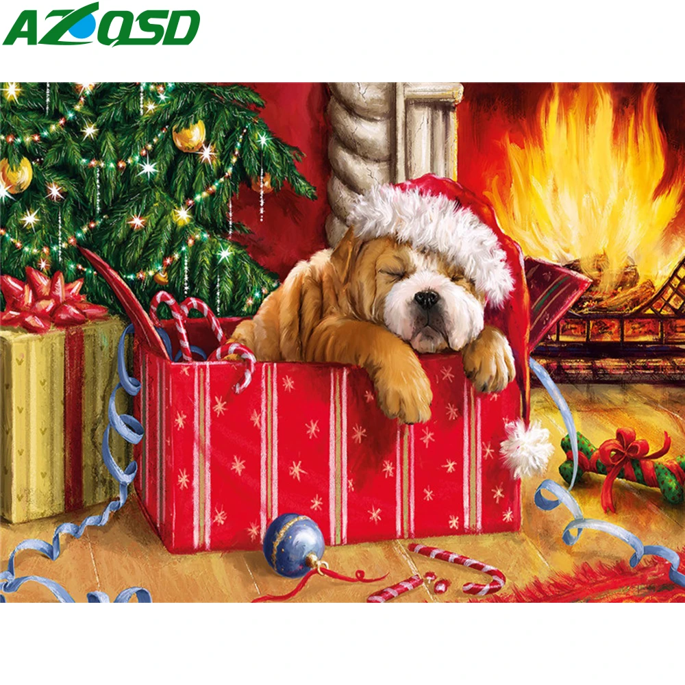

AZQSD Christmas Diamond Painting Dog Cross Stitch Diamond Embroidery Animal Handmade Full Square/Round Drill Rhinestones Gift