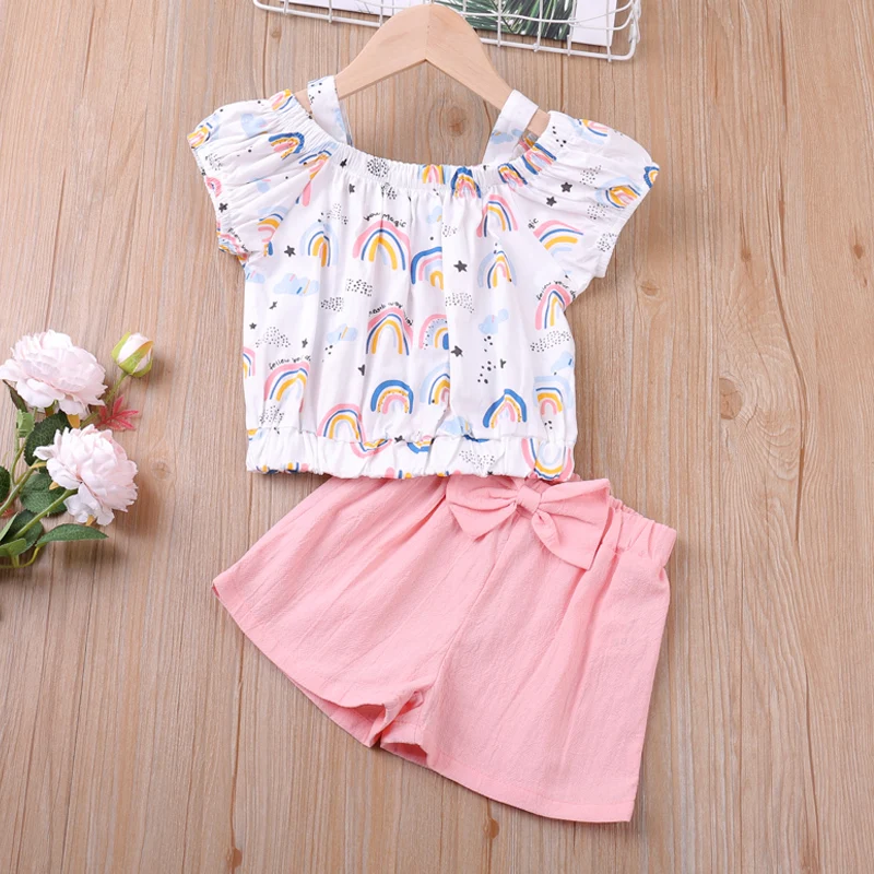 

Summer Girl Clothes Set 2021 New Fashion Suspender Strapless Rainbow Top + Shorts 2-Piece Cute Children's Set