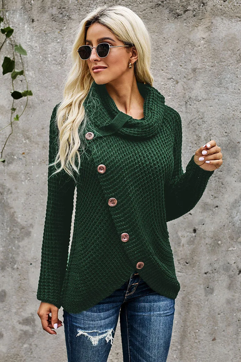 

Qiu dong is pure color with thick sweater female 2020 new single inclined buckle asymmetric long sleeve knit a female