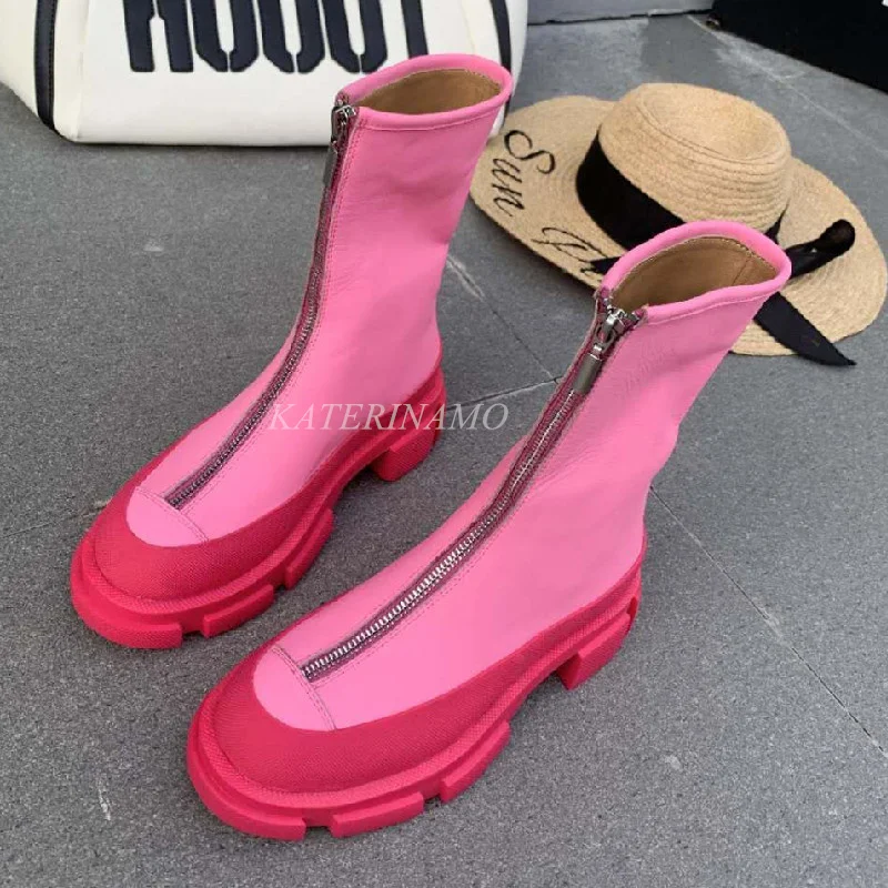 

Luxury Brand Genuine Platform Ankle Boots For Women Real Cow Leather Thick Sole Round Toe Ladies Zipper Short Boots Shoes Botas