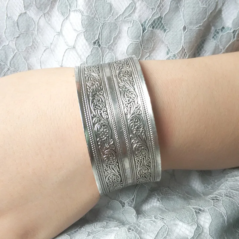 1 шт. этнический Ретро Серебряный Бронзовый Pulseira резьба цветок широкая цепь C