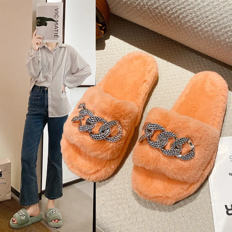 

Women Home Slippers With Faux Fur 2021 Fashion Flat Shoes Keep Warm Shoes For Woman 5 Colors Basic Slipper 36-43