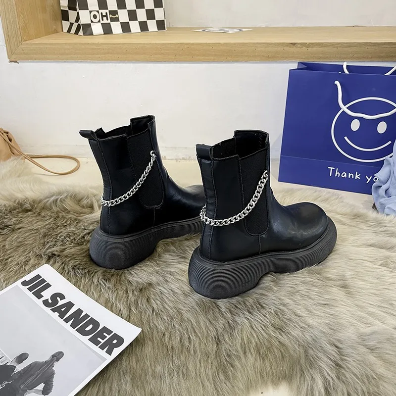 2022 new autumn thick bottom Chelsea mid-tube combat round head wear Botines De Mujer square heel sexy