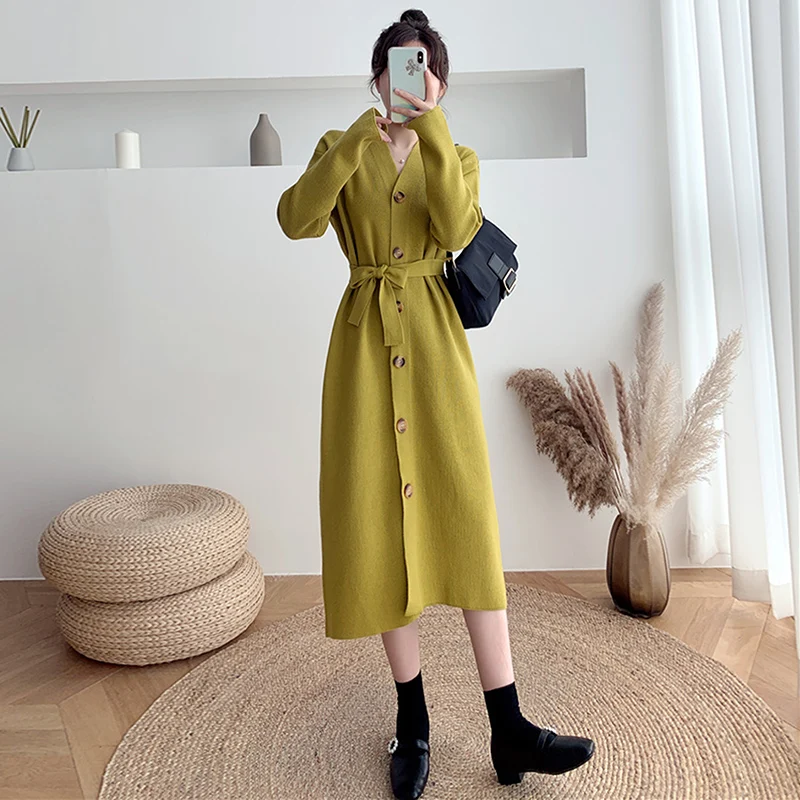 

Sexy V-neck Single-breasted Women Solid Sweater Dress OL Style Long Sleeve Belted Knitted Mid-length Dress Female