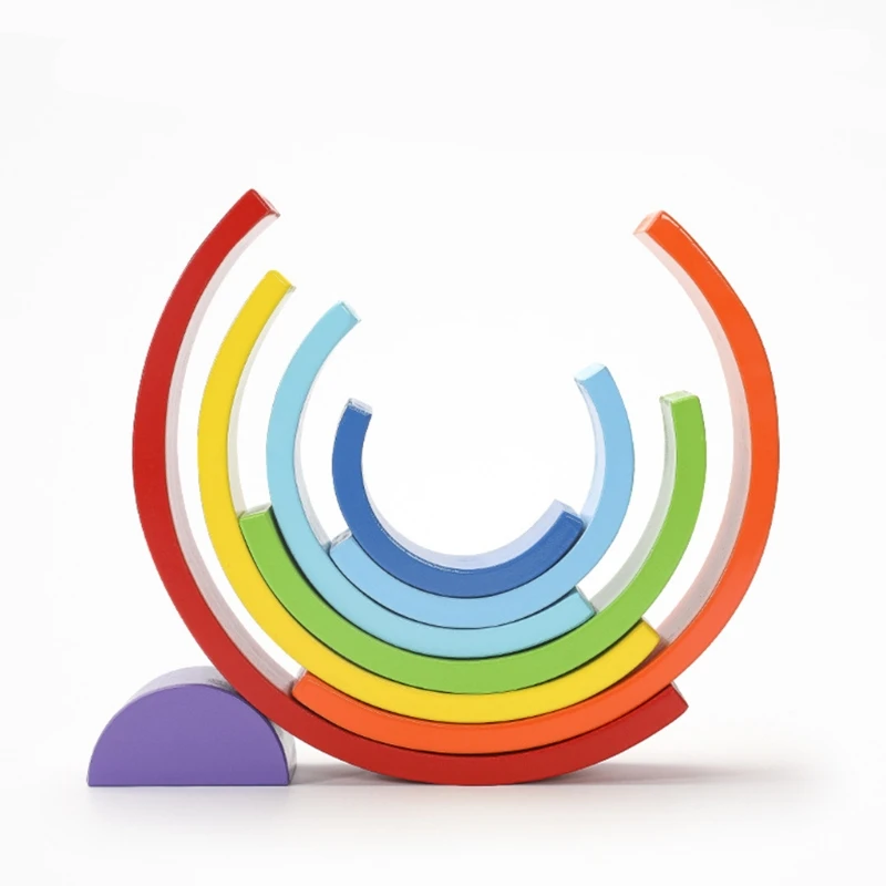 

Wooden Colorful Rainbow Building Blocks Montessori Toy Arch Bridge Kids Assemble