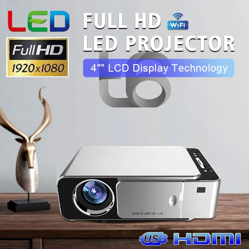 T6 светодиодный проектор 4K Full HD HDMI USB SD Мини ЖК домашний кинотеатр медиаплеер