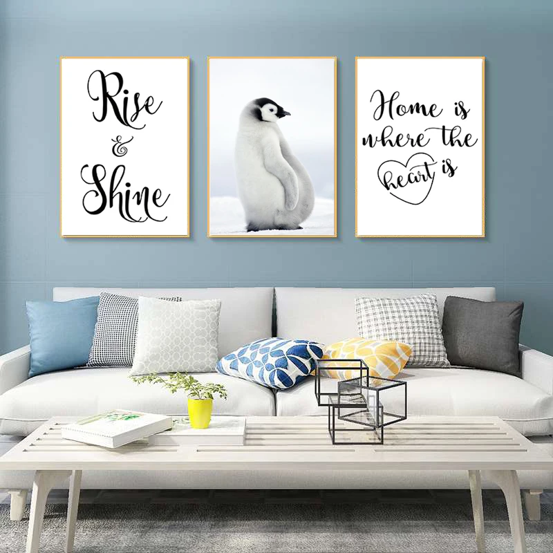 Nordic Modern Black and White Motto Letter Penguin Animal Canvas Painting Spray Color Poster Kids Baby Nursery Room Wall Picture | Дом и сад