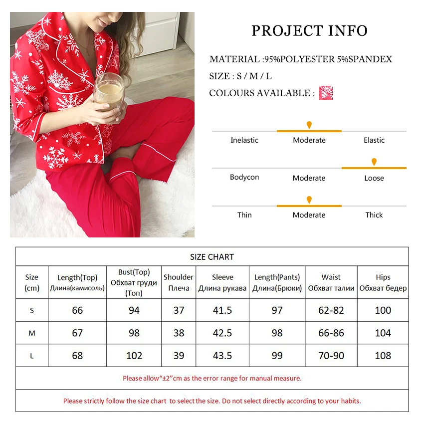

Snow Pattern Cute Pajamas Set Christmas Clothes Women Set Print Sleepwear Winter Home Suit Sets Pocket Red Warm Loungewear