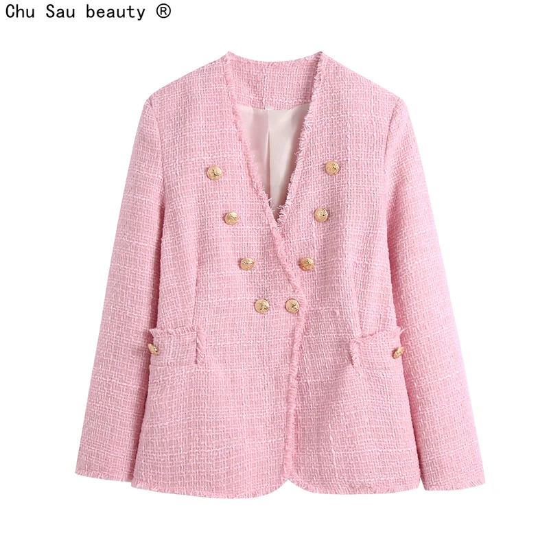 

Женская двухбортная приталенная куртка с V-образным вырезом и длинным рукавом