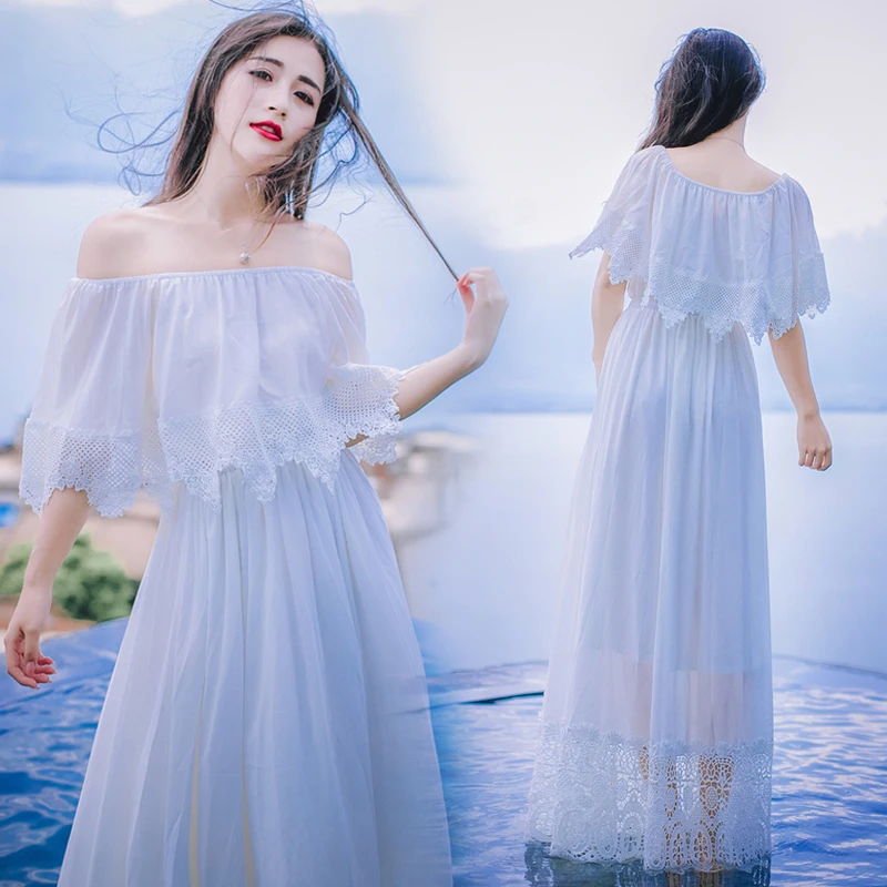 

Women Elegant Sexy Slash Neck Off Shoulder Chiffon Lace EmbroideryDress Vestidos Boho Beach Holiday A-Line Dress
