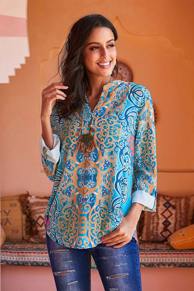 Женская винтажная блузка с принтом и длинным рукавом размера плюс топы