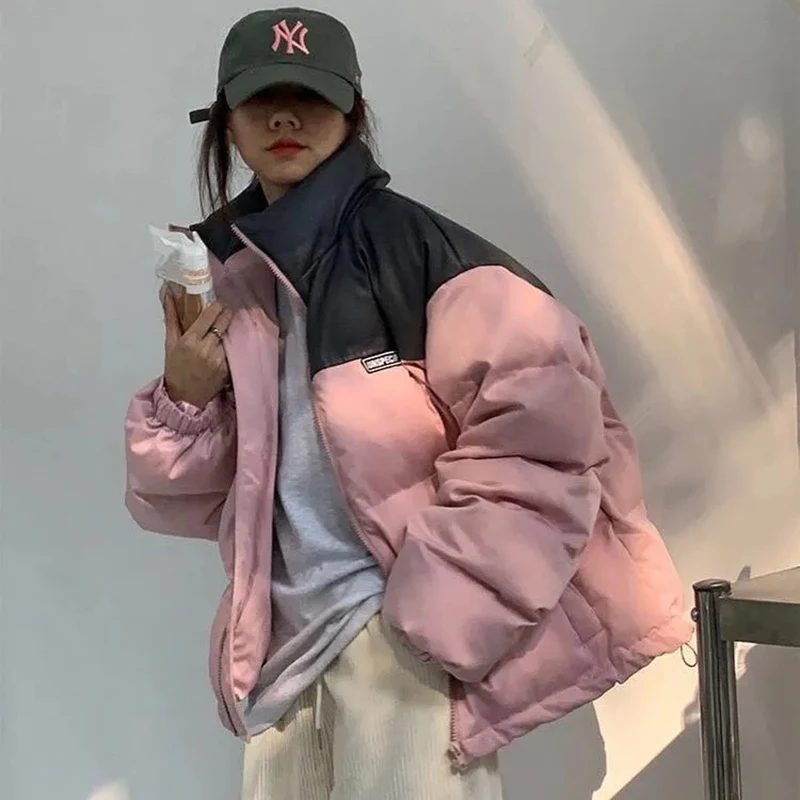 

Winter PU Leather Cotton Padded Coat Women Korean Color Patchwork Puffer Jacket Fashion Street Short Parka Thicken Windbreaker