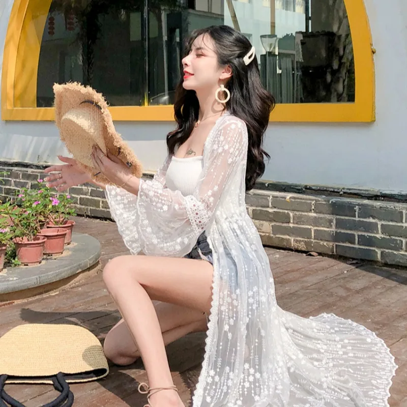 

Summer Beach Kimono Long Cardigan Swimwear Bohemian Holiday Lace Cover Up Sexy Hot White Bikini Outer Cover Kimono