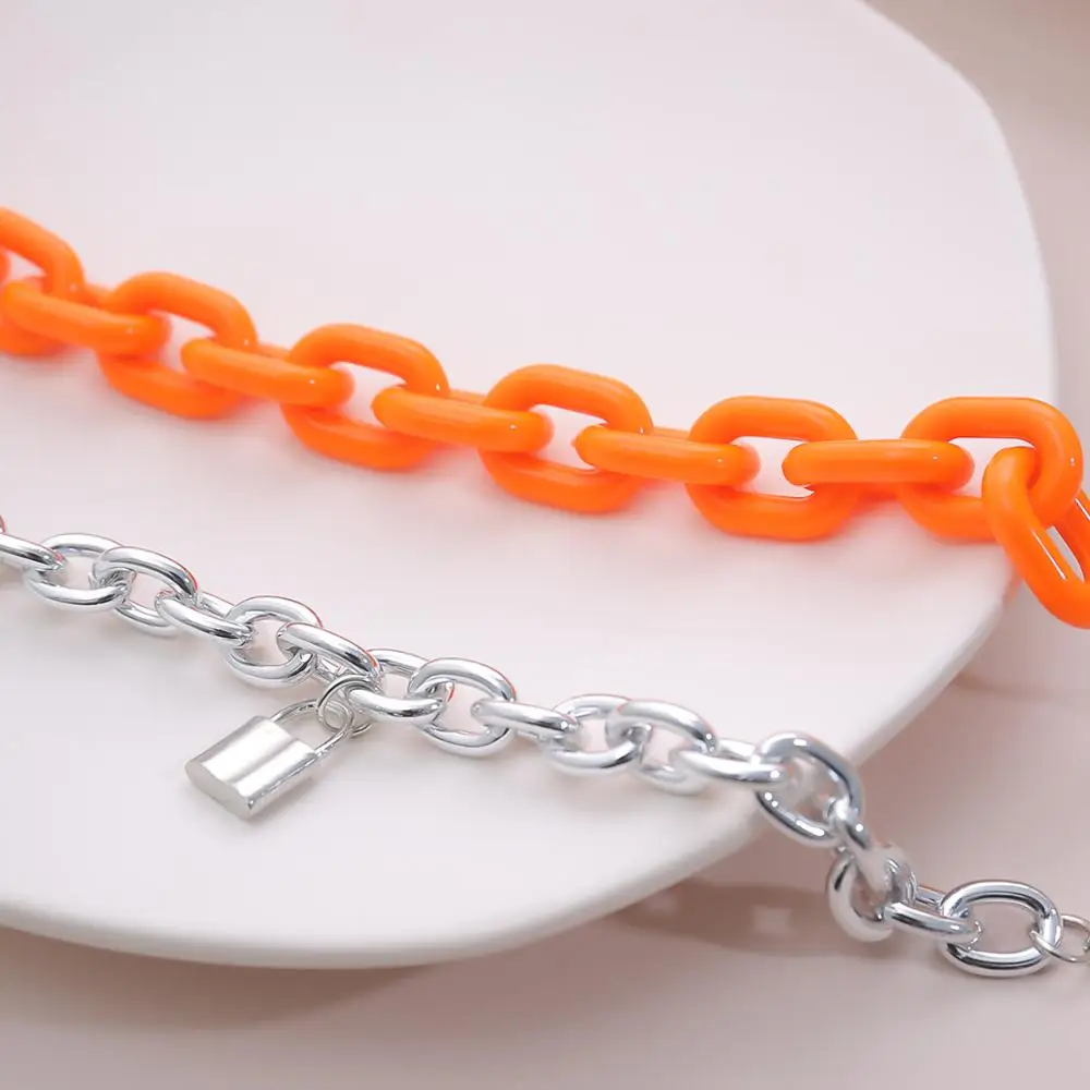

IngeSight.Z 2Pcs/Set Orange Color Acrylic Acetic Acid Bracelets Bangle Fashion Padlock Pendant Bracelet Wrap Wrist Chain Jewelry