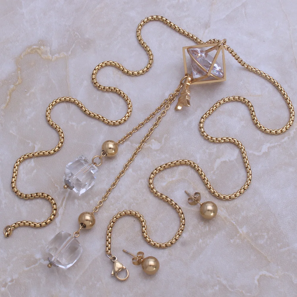 

Wholesale Fashion Stainless Steel Jewelry Fake Diamond Long Necklace Pendant & Earrings Set For Girls Women Joyas SE116014