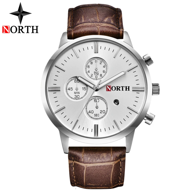 Часы NORTH мужские с кожаным ремешком Роскошные Аналоговые кварцевые модные