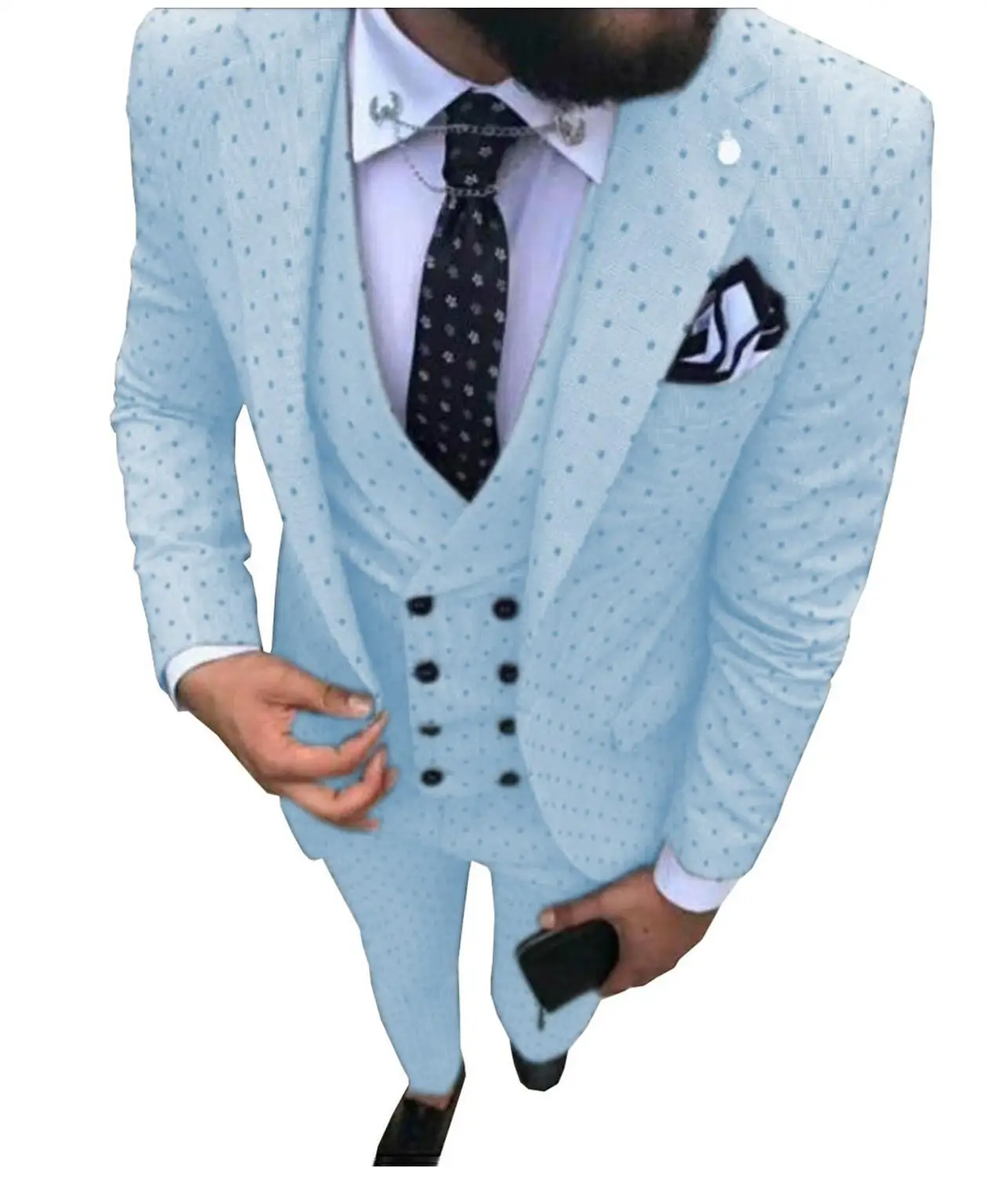Light Blue Мужские костюмы с волнистыми точками из трех предметов, мужские Нарядные Костюмы, повседневные деловые костюмы для путешествий(Блейзер+ жилет+ брюки - Цвет: Light Blue