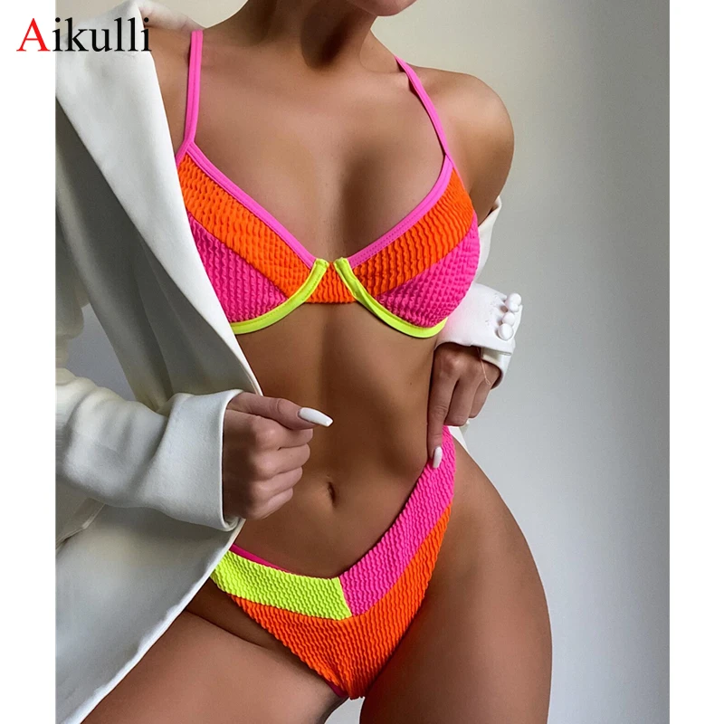 

Sexy Ribbed Underwired Solid Splicing Bikinis Swimsuit Women 2021 Summer Swimwear Two-pieces Bikini set Thong Bathing Suits Swim