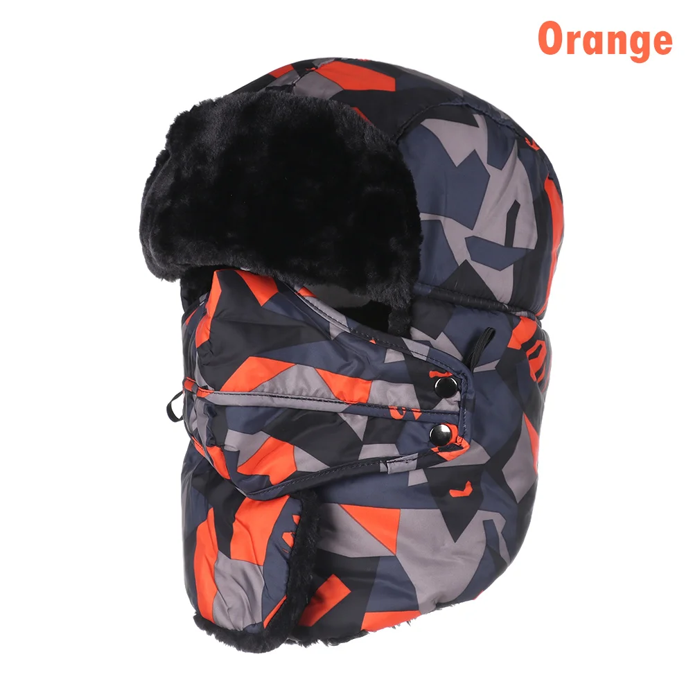 orange Зимняя шапка-бомбер, головные уборы для мужчин и женщин, утолщенные хлопковые бархатные зимние теплые шапки с ушками, ветрозащитные лыжные камуфляжные шапки-бомберы - Цвет: orange