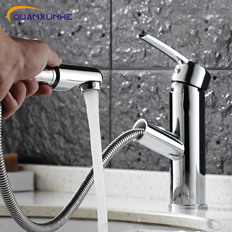 

QUANXUNHE Bathroom Taps Kitchen Faucet Single Handle Pull Out Spray Sink Tap Hot and Cold Water Crane Deck Mount Faucets