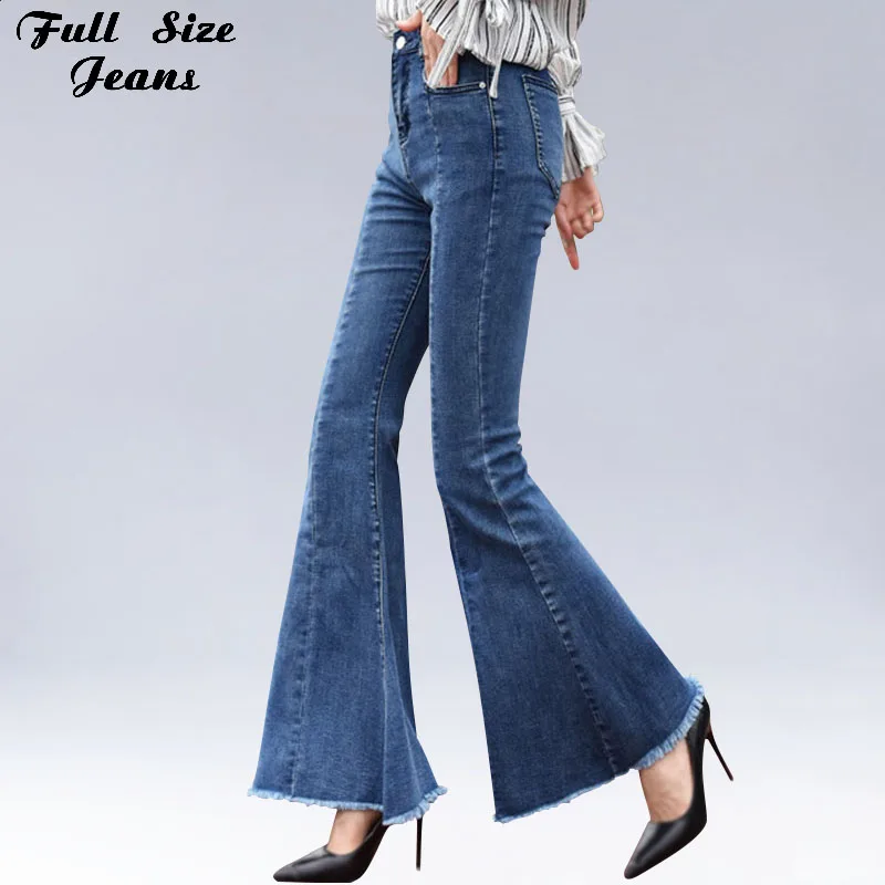

Plus Size Big Bell Bottom Long Jeans For Women 4Xl 6Xl Autumn Winter Wide Leg Tassel Fringe Stretch Skinny Flare Jeans