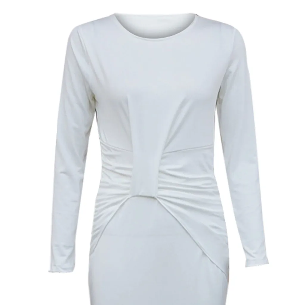 Женское трикотажное облегающее платье с разрезом и длинным рукавом высокой