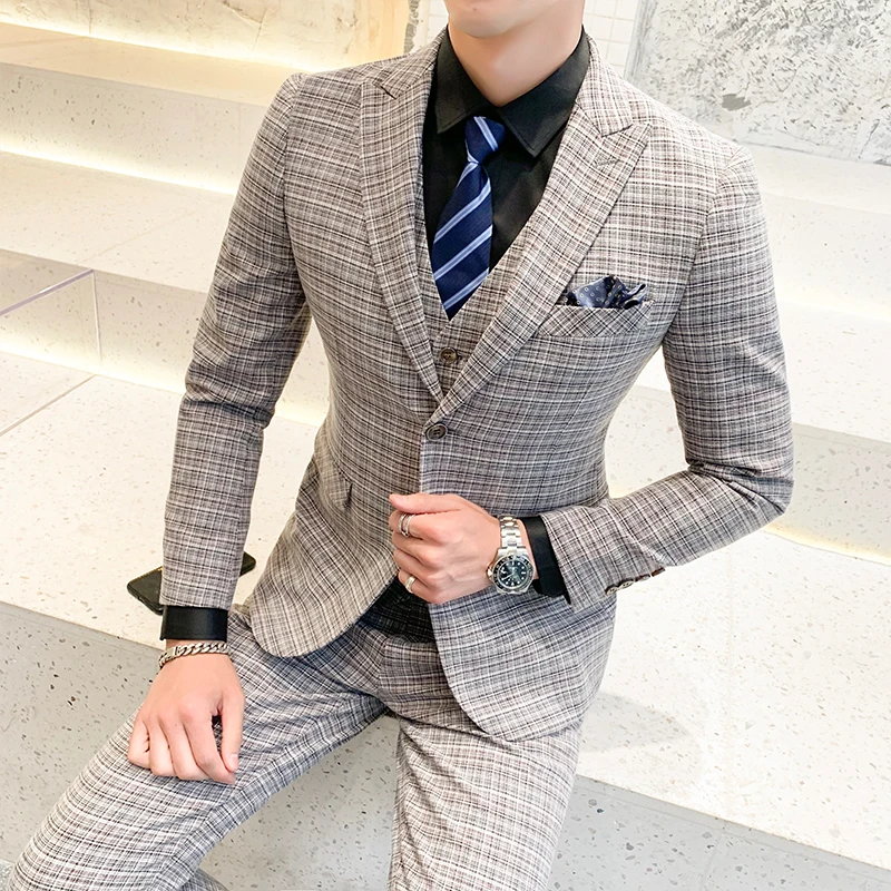 2020 Men's Business Plaid Official Suit Coat Pants Vest 3 PCS Set / Gentleman Groomsman Blazer Jackt Trousers Waistcoat S-5XL | Мужская