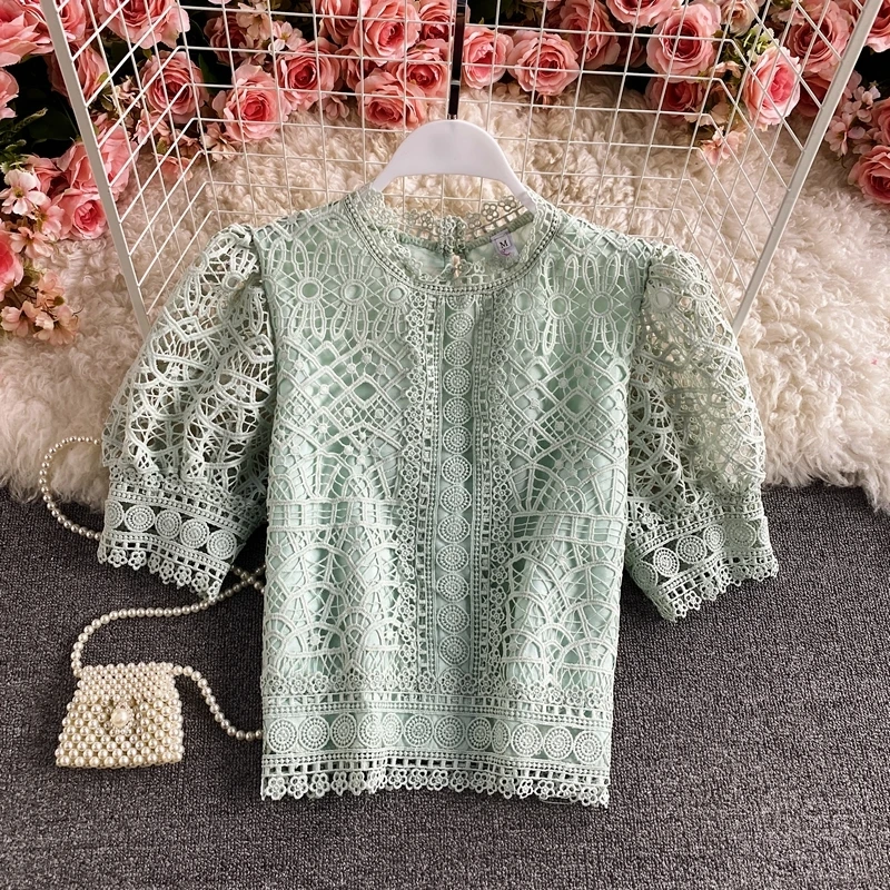 

Summer 2021 Pink/Blue/White Hollow Out Lace Short Blouse Women Elegant O-Neck Puff Sleeve Vintage Shirt Female New Fashion Tops