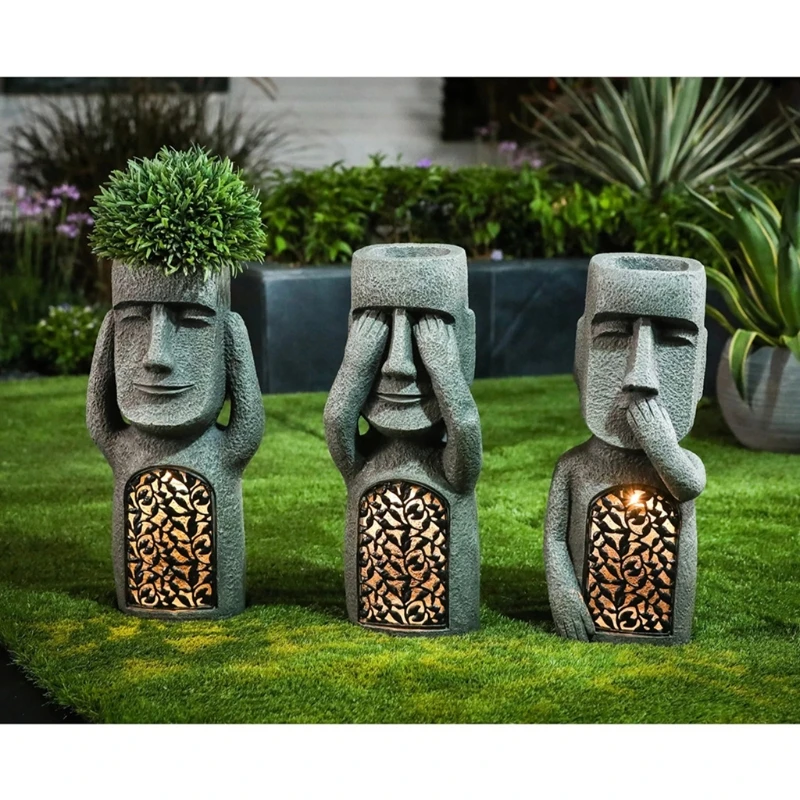 

Creative Resin Sculpture Figurine No See/Hear/Speak Evil Garden Easter Island Statues Vase Planter Pot Outdoor Decor