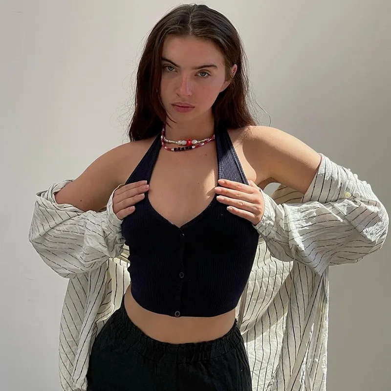 

Летние одноцветные джинсовые платья-комбинезоны с завязками на шее сексуальное нижнее белье с глубоким v-образным вырезом однобортный Топ