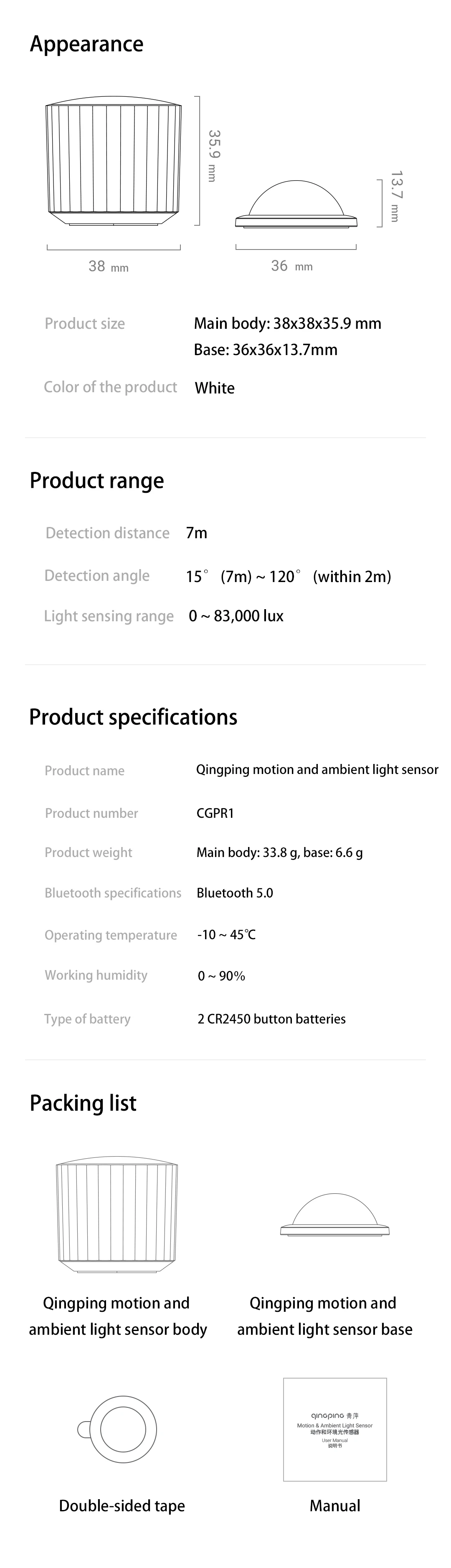Qingping Human Body / Pet Sensor Smart Body Movement Motion & Light SensorMagnetic Split Base Work WIth MiHome App