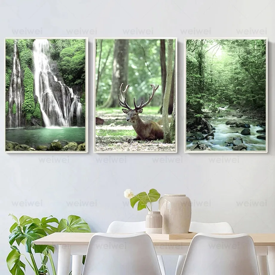 Зеленая лес трава водопад суккуленты искусственная Картина на холсте