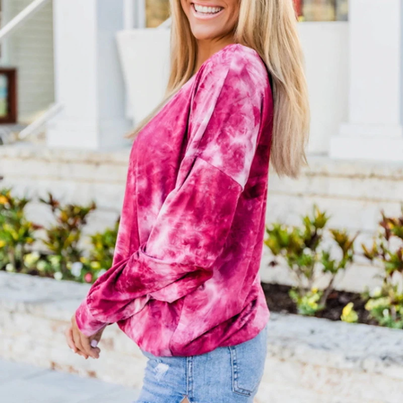 

#w Printed Women Casual Shirts Round Neck Long Batwing Sleeve Top Shirts Regular Loose Tie Dyeing Ladies Clothing