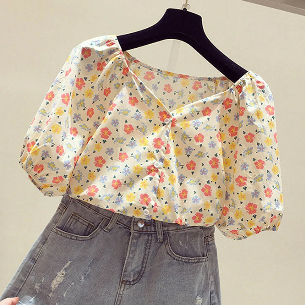 Блузка женская с квадратным вырезом рубашки буфами на рукавах в стиле Хай-стрит