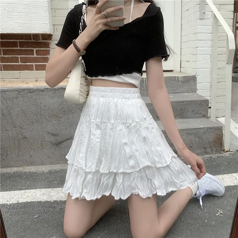 

Elastic Waist Stitching Ruffled Pleated Skirt Women's Trendy High Waist Anti-Glare Skirt Woman Y2k Traf юбка Jupe