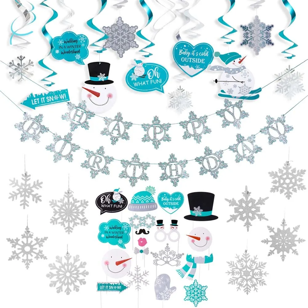 Let it Snow Party Decorations Lanterns Balloons Photo props Banner Winter Wonderland Snowflake Christmas Decor