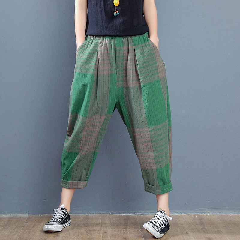 Брюки-султанки женские в клетку хлопково-льняные винтажные свободные штаны с