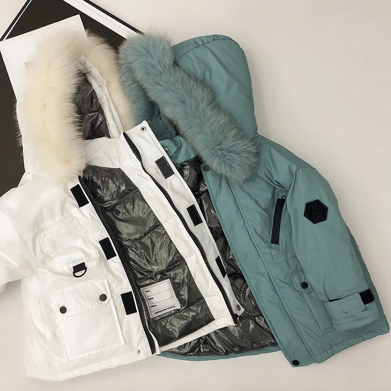 

Hat Fur Collar Children's Hooded Down Jacket Handsome Boys and Girls Western Style Lock Warm Fashion Coat Kids Winter Clothes