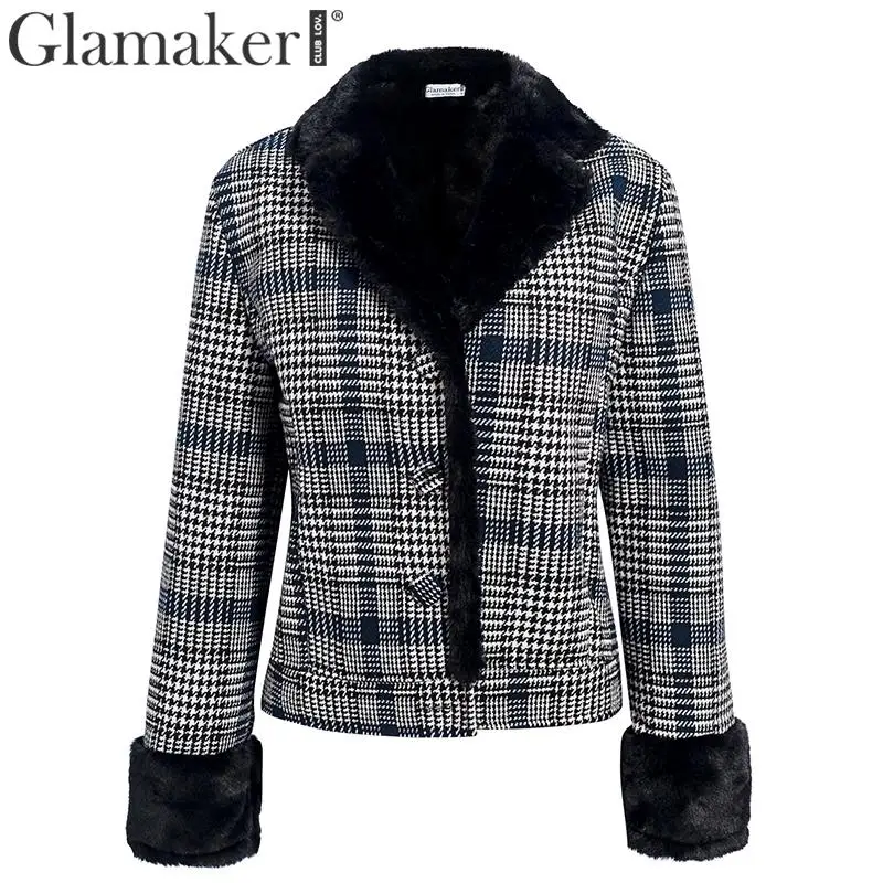 Glamaker клетчатое пальто из искусственного меха, меховая куртка, женская сексуальная черная Лоскутная теплая плотная верхняя одежда, осенняя короткая куртка из искусственного меха, зимнее пальто