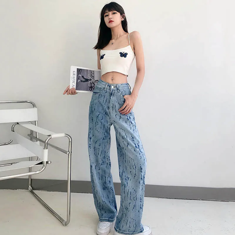 

New Jeans Women Trousers Female Harajuku Loose High Waist Wide Leg Pants Cotton Vintage Washed Graffiti Print Straight Cowboy