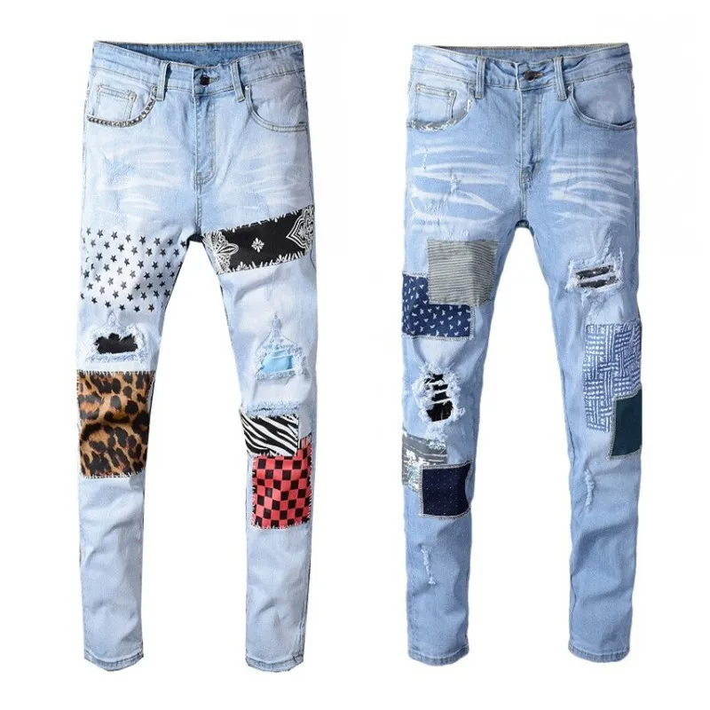 Мужские рваные джинсы с прорезями художественные нашивки стрейч брюки потертые