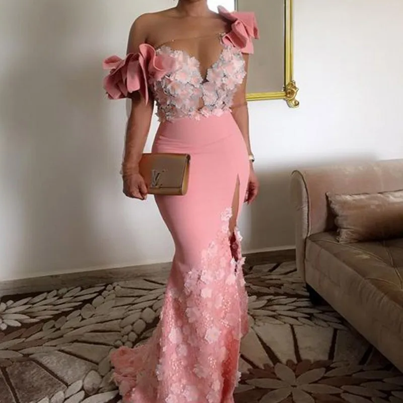 

Elegant Floral African Evening Gowns Long Sleeves One Shoulder Pink Mermaid Arabic Prom Dresses Dubai Side Slit Robe De Soiree