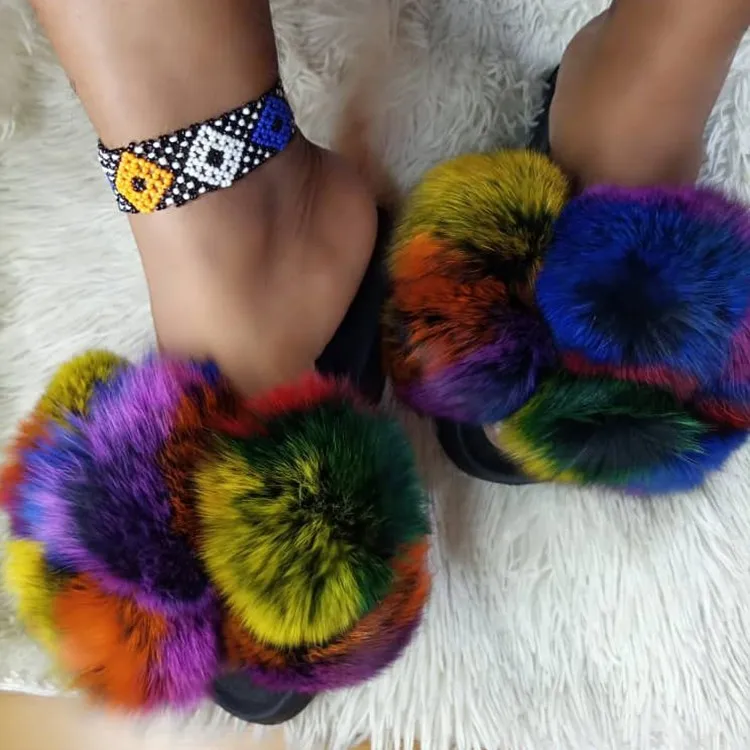 

Fox Hair Slippers Women Fur Home Fluffy Sliders Plush Furry Summer Flats Sweet Ladies Shoes Large Size 43 Hot Sale Cute Pantufas