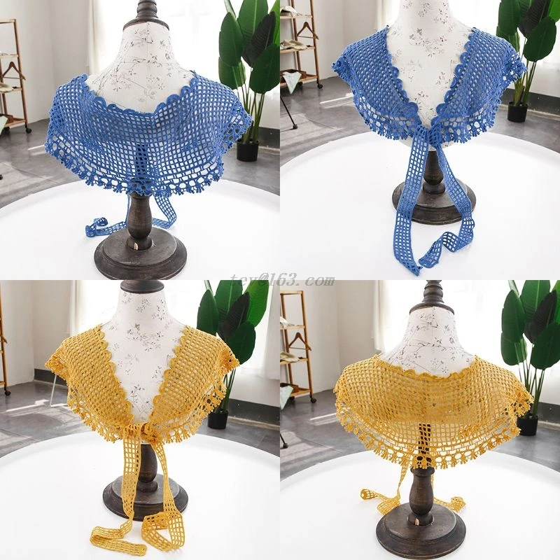 Ажурный сетчатый вязаный шарф однотонный кружевной воротник с цветочной